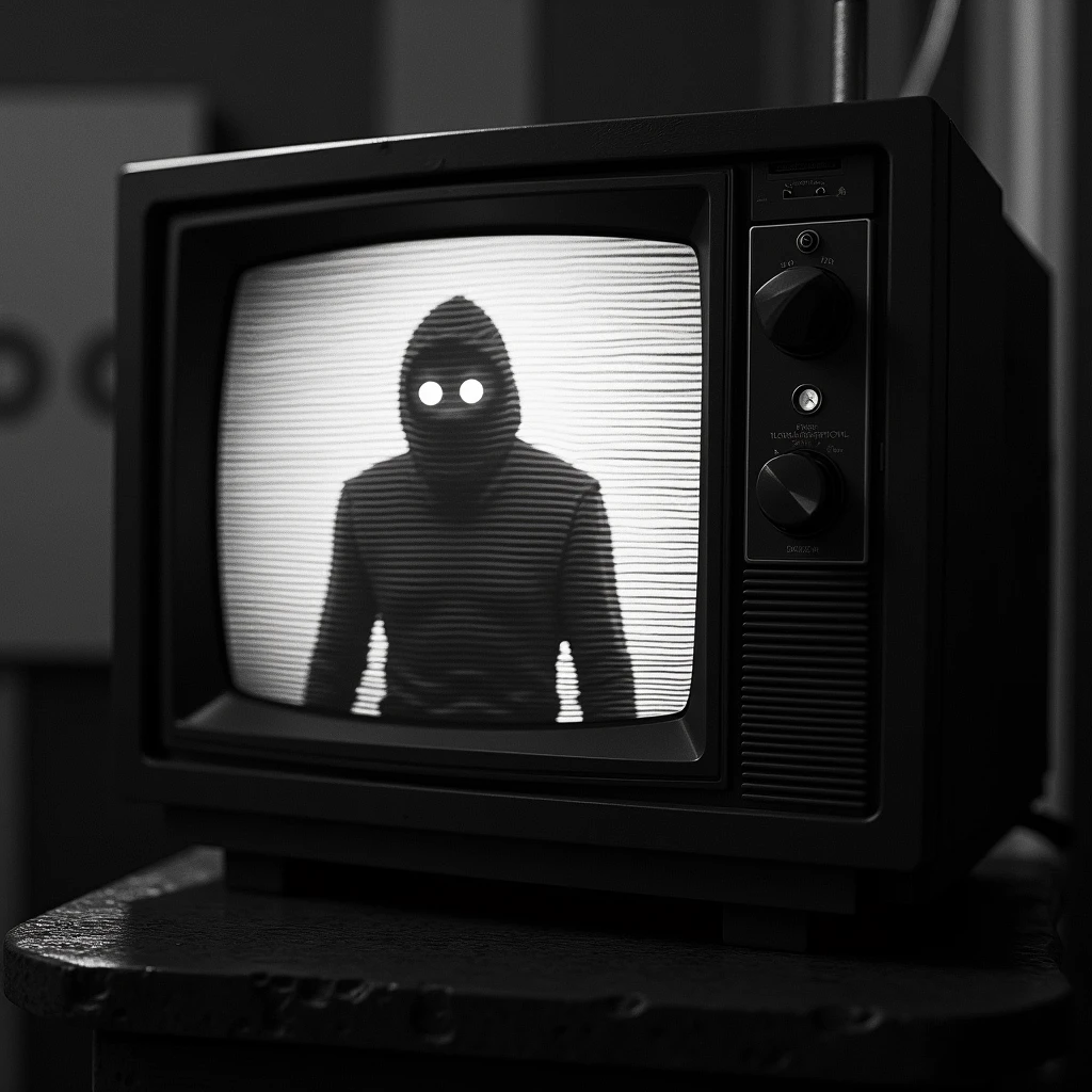 An old television shows a black and white broadcast with distorted images and whispering voices. The screen displays brief glimpses of a dark room and a strange being with glowing eyes. The room containing the television seems to distort and shift in shape.