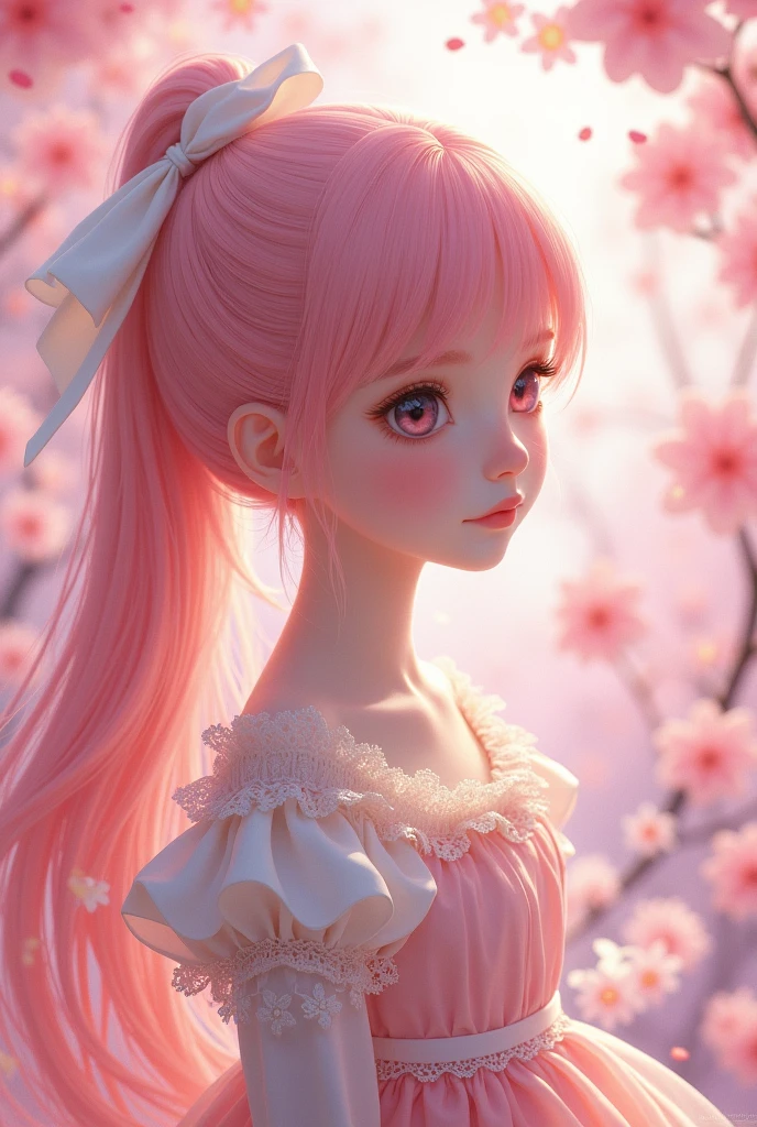 Jeune fille manga aux cheveux roses lisses nouées d’un ruban blanc. Surrounded by fairies. Cherry blossom in the background. Robe sweet lolita. 