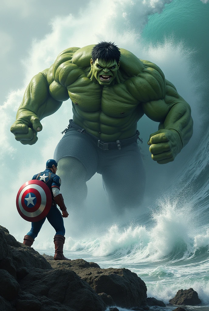 Captain america are fighting with hulk near the sea and tsunami was started