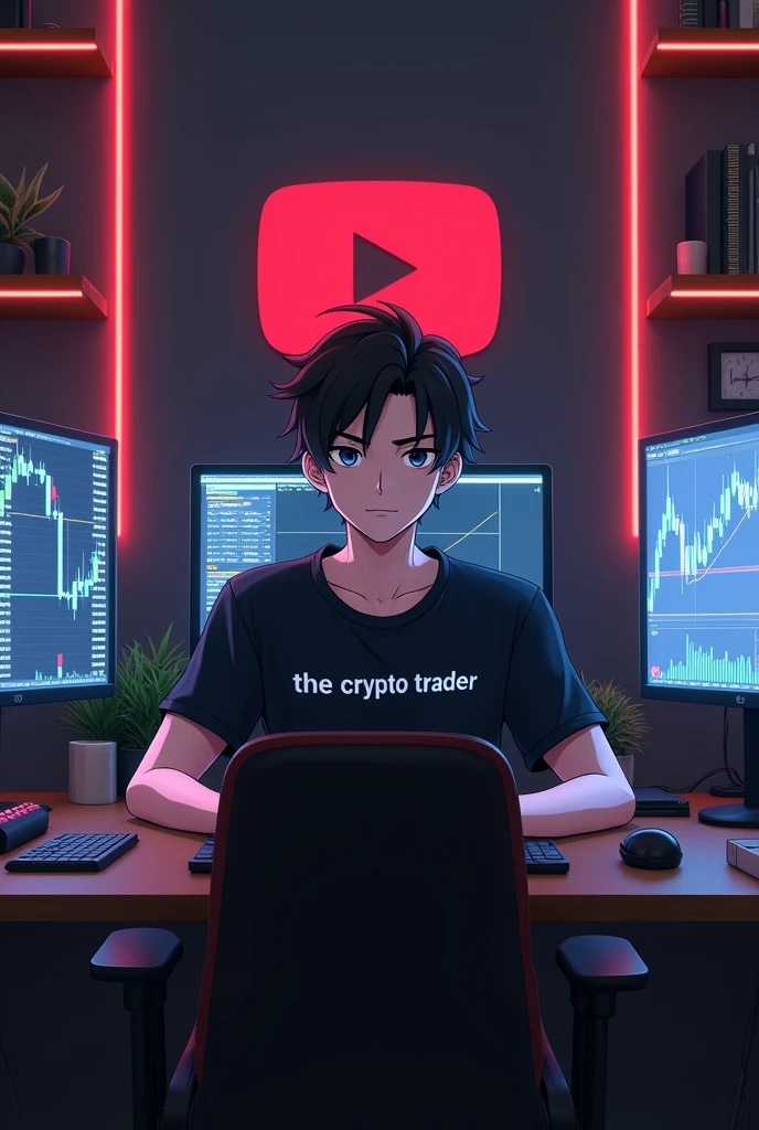 Create a realistic image of "A 25 years anime boy,sitting in front of a computer desk with a microphone and apple laptop, wearing black T-shirt with the channel name on it "The Crypto Trader". The background includes a large Youtube logo on the wall, candlestick pattern graphs in LED on either side, and various recording equipment.