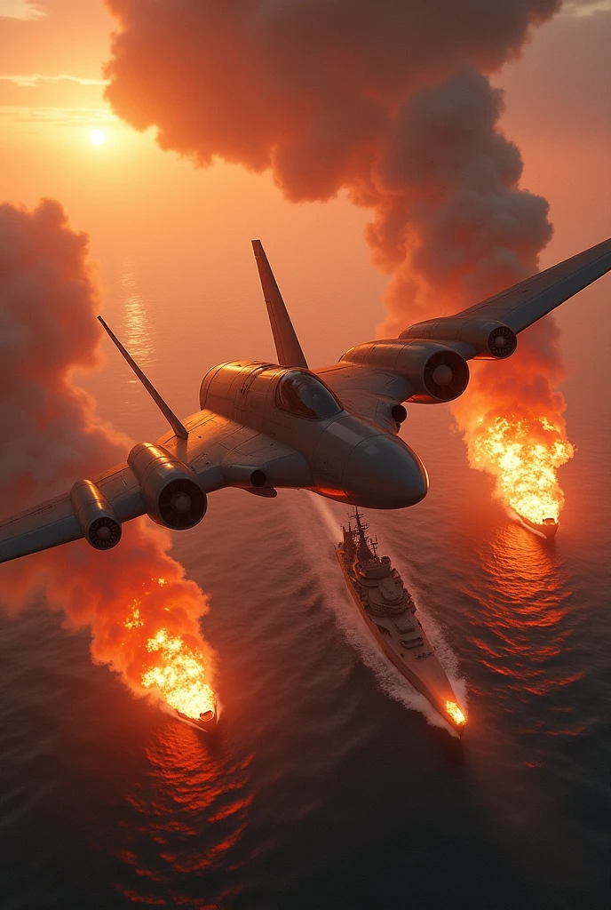 Modern bombers wrecked in flames falling from the sky in Ikamas ,modern ships on fire sinking in the sea,all in red