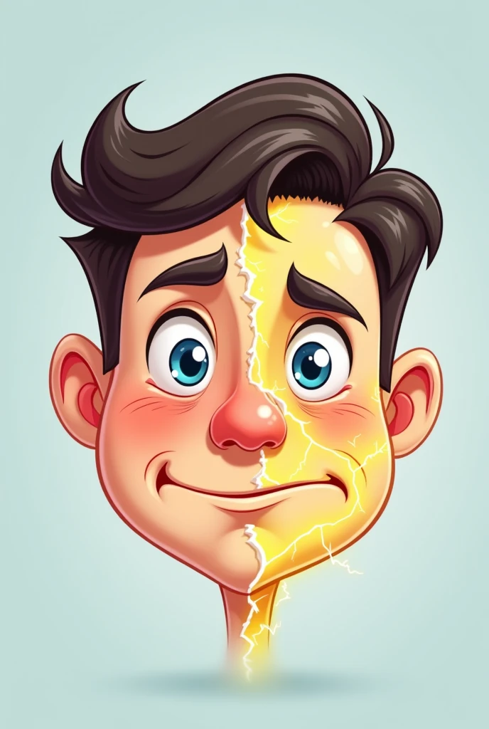 make a half half face the other half is happy and normal face and the other half face is not happy it look tired or kinda sad  and the face is electrocuted  make the picture more look like cartoon but easy cartoon only make the hair easy to draw 