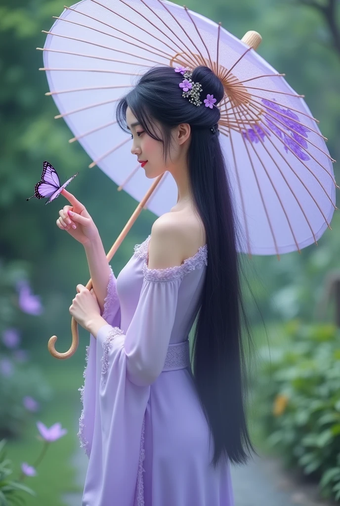 Bức ảnh này cho thấy một cô gái trẻ trong trang phục truyền thống Trung Quốc, have old style. She held a large umbrella decorated with a light purple floral pattern.. She has long black hair, tie one half and leave the other half loose, with a few small strands of hair falling across her face. Her outfit is mainly light purple., Delicate and sexy design with open shoulders and waist.

She is posing with a gentle purple butterfly perched on her finger., brings a sense of dreaminess and fantasy. The background of the photo is a lush green garden., hòa quyện với màu sắc nhẹ nhàng của trang phục và phụ kiện, create a poetic and peaceful scene.