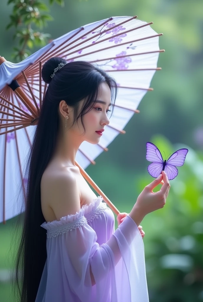 Bức ảnh này cho thấy một cô gái trẻ trong trang phục truyền thống Trung Quốc, have old style. She held a large umbrella decorated with a light purple floral pattern.. She has long black hair, tie one half and leave the other half loose, with a few small strands of hair falling across her face. Her outfit is mainly light purple., Delicate and sexy design with open shoulders and waist.
She is posing with a gentle purple butterfly perched on her finger., brings a sense of dreaminess and fantasy. The background of the photo is a lush green garden., hòa quyện với màu sắc nhẹ nhàng của trang phục và phụ kiện, create a poetic and peaceful scene.