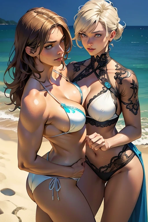 2woman, lesbians, being on the beach, 8k, highly detailed， illustration, dynamic pose, ((Intricate Details)), (Beautiful and Delicate Eyes), (Illustration), (Silhouette) Absurd, ((Ultra-realistic Nose)),No Extra Hands, (Perfect Hands) , Mature Woman, （（masterpiece）））， （（best quality））， （（intricately details））， （（ultra-realistic realism））， Ridiculous res, A MILF， Mature woman, highly detailed， illustration， 1. Mature women， （（Large breasts:1.1）)，perfect hand， detailed finger， Beautiful detailed eyes, vd, , slim body, tanned skin, (woman wearing bikini, ), detailed background， perfect eyes， Seductive eye, sexy, orgasmic, welcoming, inviting look,