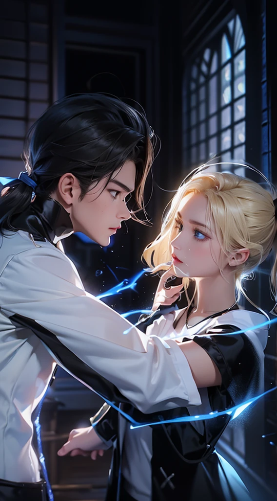 Upper Body,(A boy and a girl looking at each other,,一手扶住wall,Hold your chin with one hand),blond,Ponytail,,White shirt,Black suit pants,White coat,Black dress,(Blue Eyes:1.2),muscular,Caucasian ethnicity,Atmosphere,High Detail,Standing,The background is the laboratory,daytime,indoor,wall