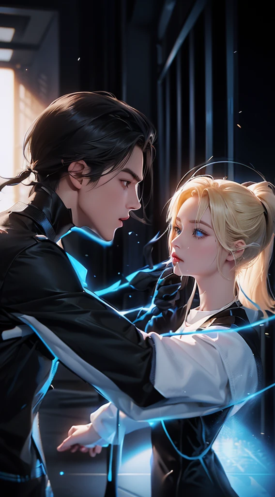 Upper Body,(A boy and a girl looking at each other,,一手扶住wall,Hold your chin with one hand),blond,Ponytail,,White shirt,Black suit pants,White coat,Black dress,(Blue Eyes:1.2),muscular,Caucasian ethnicity,Atmosphere,High Detail,Standing,The background is the laboratory,daytime,indoor,wall