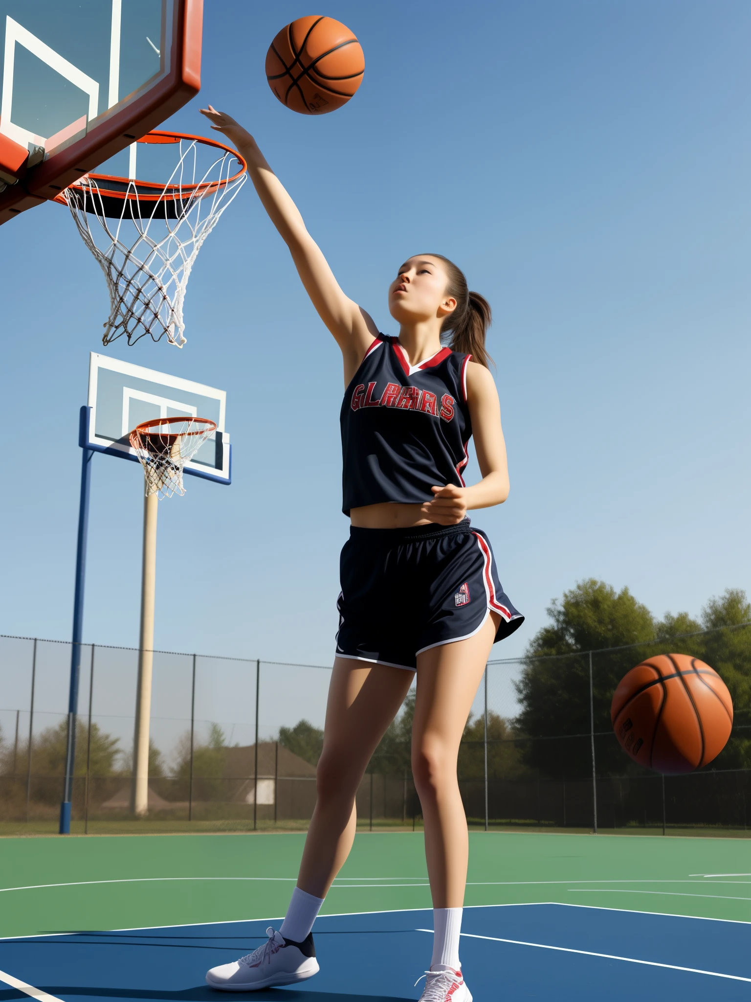 1girl,solo focus, giantess with gigantic breasts, playing basketball