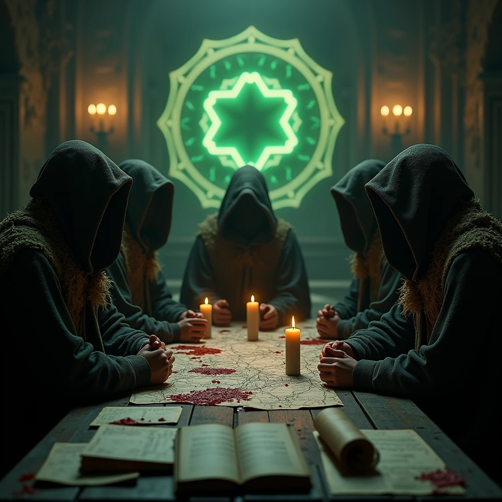 Close-up shot, Low angle shot, a candlelit room where five man sitting look at the viewer, their faces serious and determined, wearing culthu robe with hood and covered by dry moss, the table covered with maps and splaterd blood, books,  land a glowing mysterious symbol. in the background representing the emerlad tablet symbol. The contrast between the calculated plotting and creates a sense of tension and mystery, leaving the viewer questioning the true nature of the Illuminati.) unreal engine, cinematic, hyper-real, highly detailed, Ultra realistic HD --q 2 --v 6.1 --ar 9:16