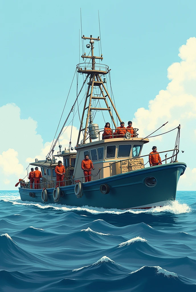 A tuna fishing boat with eight people, one man and one woman, all facing forward, sideways illustration