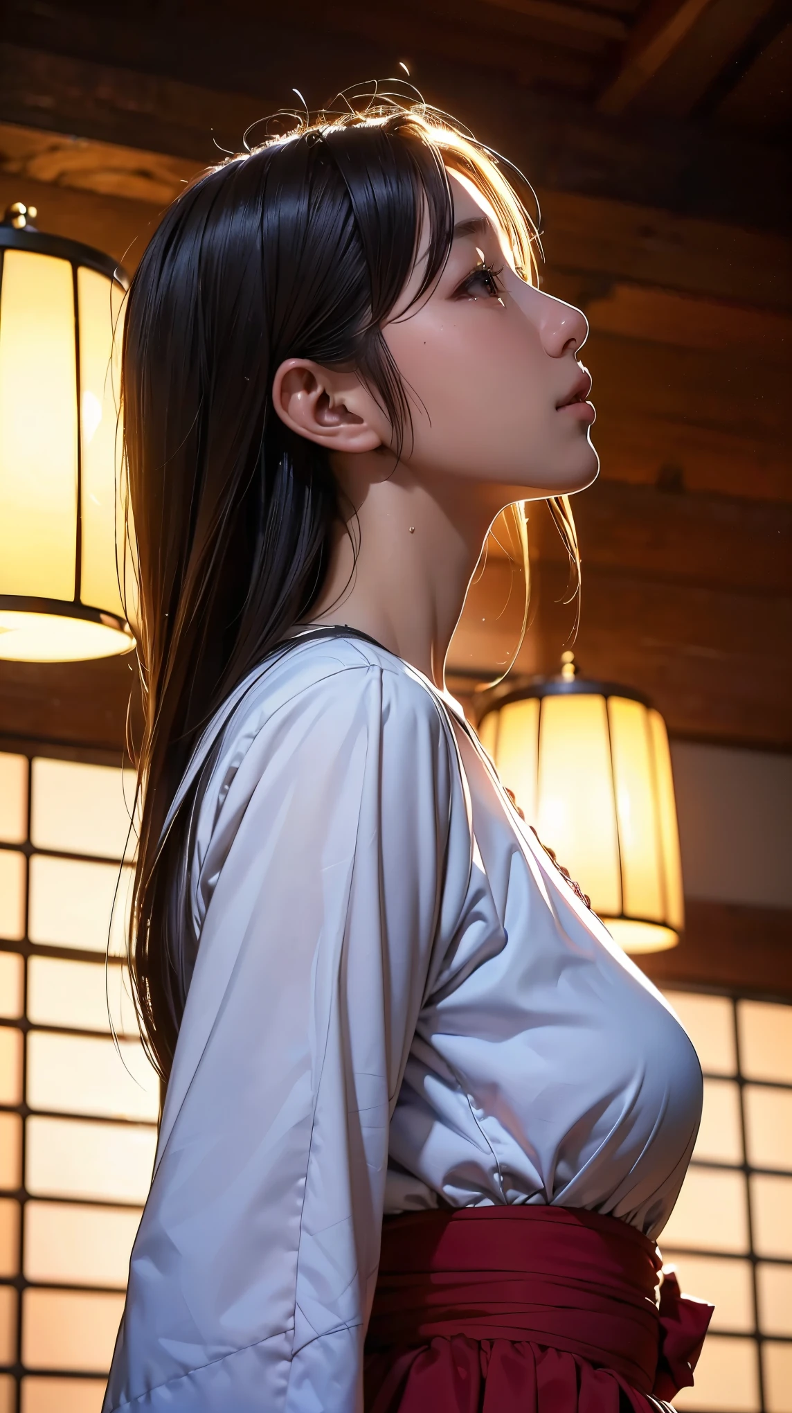 Realistic, masterpiece, Highest quality, Highest Resolution, High Detail, Soft Light, Professional Lighting, Backlight, Film Grain, The background is blurred, (Japanese high school girl, Height: 162cm, Small Tits), (The subject is a photograph of the upper body taken from below, profile:1.3), Walking, (I'm sweating a little, Hair is also wet with sweat), Laughing happily, Open your mouth, Droopy eyes, Dark Eyes, Draw eyelashes carefully, Eyelash extensions, Gal Makeup, Orange Cheek, (White brown braids,Short Hair, middle part:1.3), (Hidden eyelid wrinkles:1.3), (Cool clothing:1.3), (Summer forest, Under the sun through the trees:1.3)