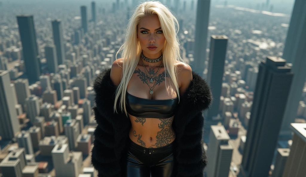 a baddie caramel, latina blasian mixed women,glossy skin extremely long glossy blond hair touching the floor,) tattoos on skin, necklace that says "(GREAT)"、8k、Realistic、、Cosplay Year、Large Breasts、Very detailed Description of standin at the top of  a skyscraper、very small metropolis, miniature metropolis, In a miniature metropolis only as tall as your shoes、Full body description、Walking from afar、top view))、((Clone avatar depiction、8k、Realistic wearing a black latex, strapless tube top,with leggings ,)), ((underboob view)), cleavage, Wedgie))), (((explicit))), (((latex, black latex leggings,, latex leggings thigh gap))), (((cameltoe))),、Cosplay Year、Large Breasts、Highly detailed avatar art、Milly Alcock one girl clones, (((Milly Alcock face))), 1 girl is cloned、10 people、100 people、1000 people、(((Milly Alcock face)))、congestion、Distributed configuration near and far))  (fluffy fur boots)(long fur coat