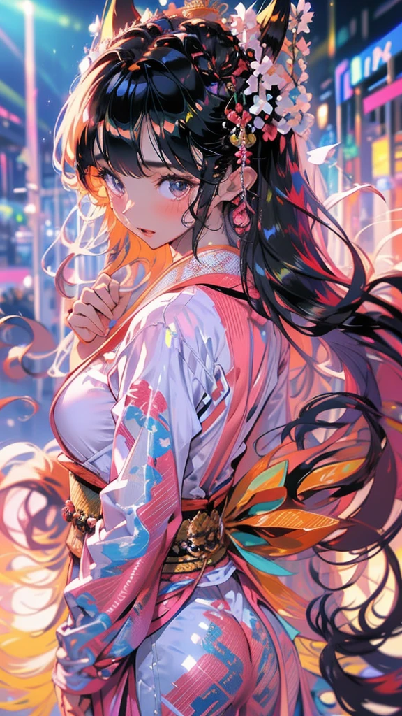 an oriental girl,Pink double ponytail long hair,Fox ears,bell headdress,Big breasts,Wearing Japanese Kimono,Chest bell jewelry,little foot bell jewelry,in front of buddhist temple,runner,4K