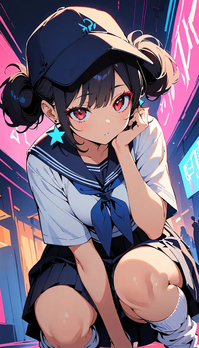 (high quality, 8k, 4K, High Contrast, masterpiece:1.2, 最high quality, Best aesthetics), (Dynamic Angle), ((1 female)),((Crouching)), ((Plain and bright background)), ((Flat Color)), Navy blue sailor suit,Navy blue pleated mini skirt,(White loose socks), Looking at the audience, (Cool look), Sleepy eyes, High Contrast, Contrasting colors, , Pale pink and blue lighting, ((Short Hair)) , (Tied Hair), Black Hair, Red eyes, Small star-shaped earrings in both ears, bright eyeshadow,low angle shot, Baseball Cap,Mature face