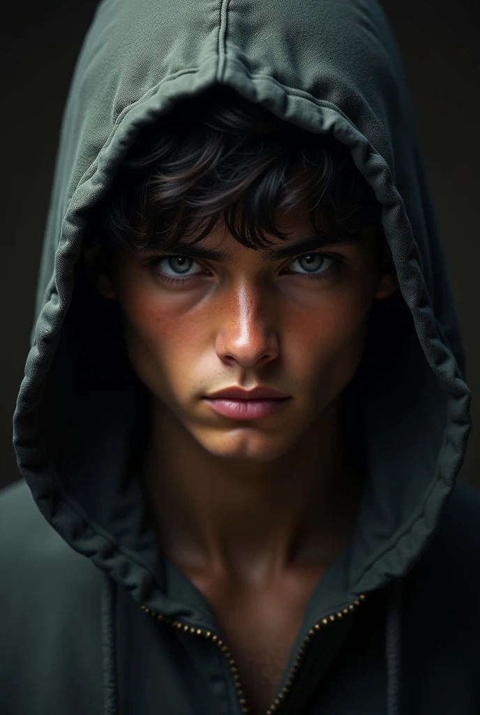 The face of a young man with brown skin and hair wearing a hood 