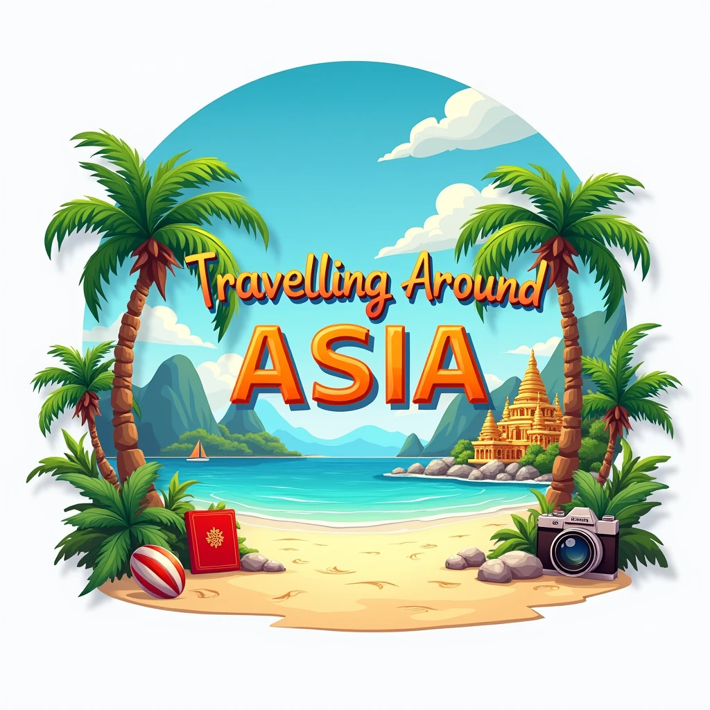 making the name 'Travelling around Asia' the focal point, using a readable font. The design should incorporate tropical beaches, a passport, hindu temples and a camera. 