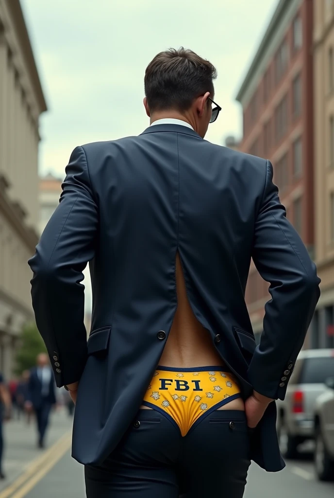 An FBI agent has a ripped in the back of his pants exposing his funny whimsical briefs