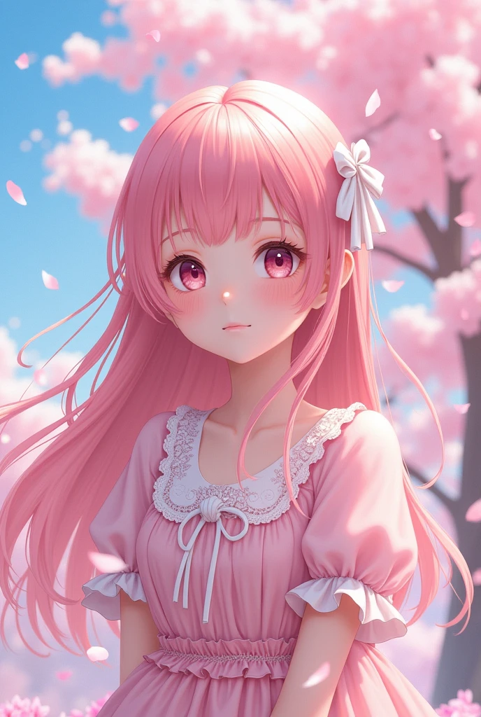 Jeune fille style manga aux cheveux roses lisses nouées d’un ruban blanc. Entourée de fées. Cerisier en fleur en arrière plan. Robe sweet lolita.