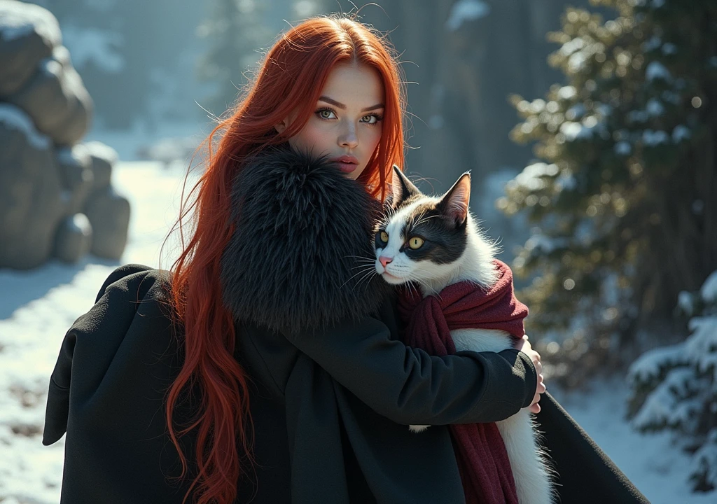 a girl with muff, long red hair, medium black hair, multicolored hair, short hair, beautiful detailed eyes, beautiful detailed lips, extremely detailed eyes and face, long eyelashes, elegant pose, in a fantasy landscape, digital art, vibrant colors, dramatic lighting, photorealistic, 8k, best quality, detailed, cinematic