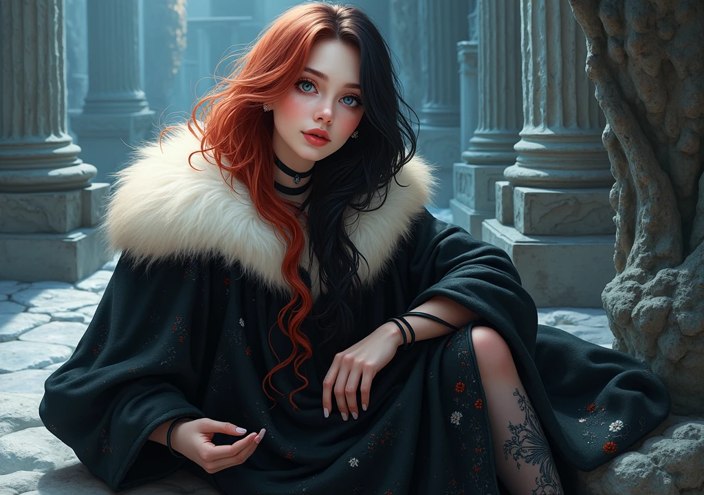 a girl with muff, long red hair, medium black hair, multicolored hair, short hair, beautiful detailed eyes, beautiful detailed lips, extremely detailed eyes and face, long eyelashes, elegant pose, in a fantasy landscape, digital art, vibrant colors, dramatic lighting, photorealistic, 8k, best quality, detailed, cinematic