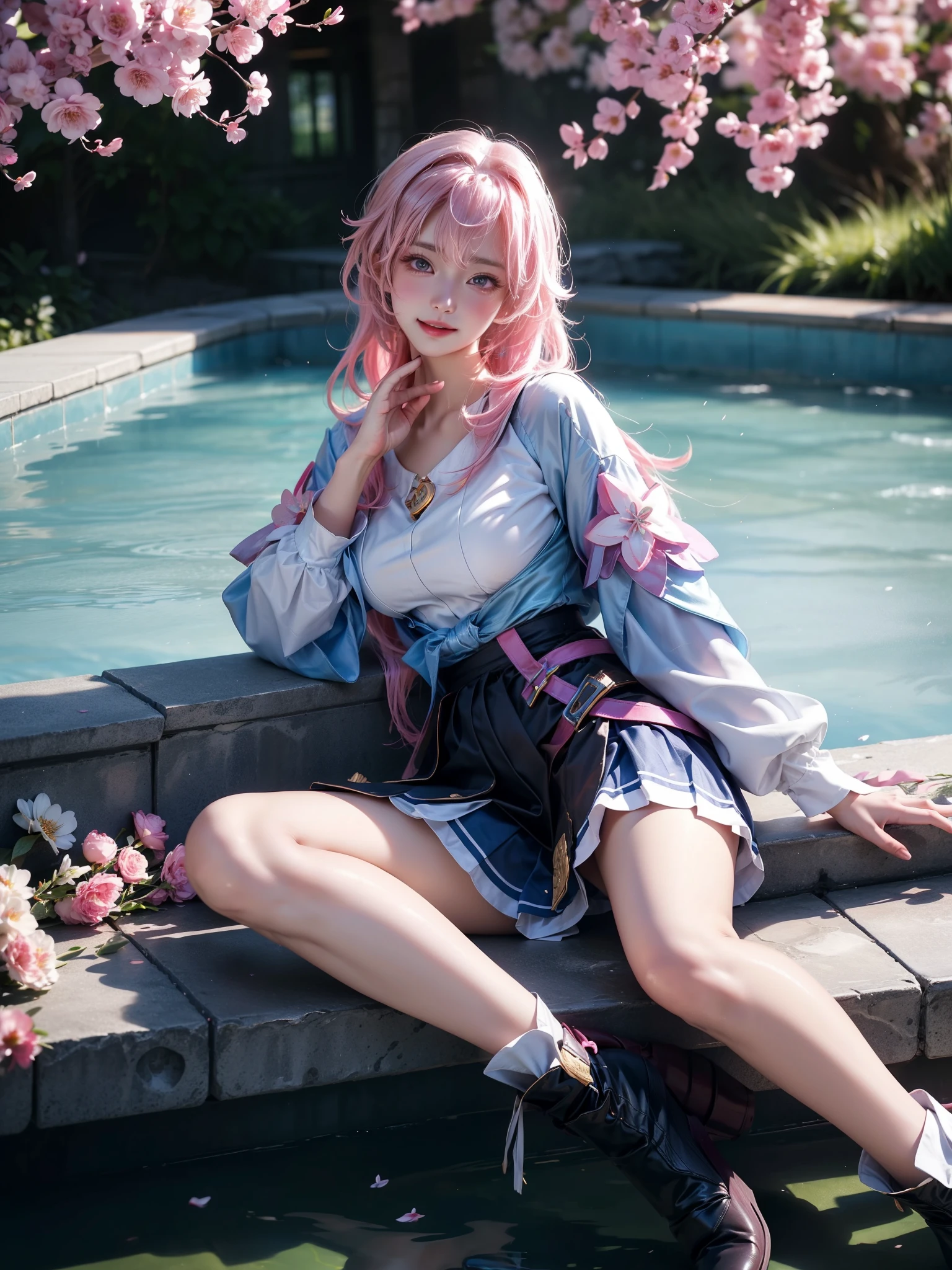 March_7th(Honkai_StarRail), 1girl, blue jacket, pink hair, medium hair, white shirt, long sleeves, skirt, thighs, thigh strap, boots,((Girl lying in the pool))、She gently lifted her skirt with one hand,Make gentle and playful gestures,((Lots of flowers瓣)), Lots of flowers,Lots of scattered petals,Cherry tree,Petals are flying all over the sky,A beautiful and charming woman, Elegantly, Her plump breasts are on display.,Visible cleavage,Sexy long legs,Various slim and lovely beauties, Her long hair cascades down like a waterfall。She smiled brightly,Eyes sparkling,Her skin is flawless。Her curves are highlighted。Shine in the light,The color is pastel,She lay confidently,One hand on hip,Her posture is both graceful and strong.。She wore elegant high heels,It matches her outfit very well。In the warm golden sun。The overall mood of the picture is tranquil and uplifting,Emphasis on natural beauty and elegance, Studio Lighting,Vibrant colors, Cute girl, sweet smile, cosmetic,Shy,blush,Open your mouth,Heavy breathing,moan,超realism,realism,Movie Lighting,comfort,Sony FE GM,Retina,masterpiece,precise,Anatomically correct,Textured Skin,Super Detail,High Detail,best quality,Colorful