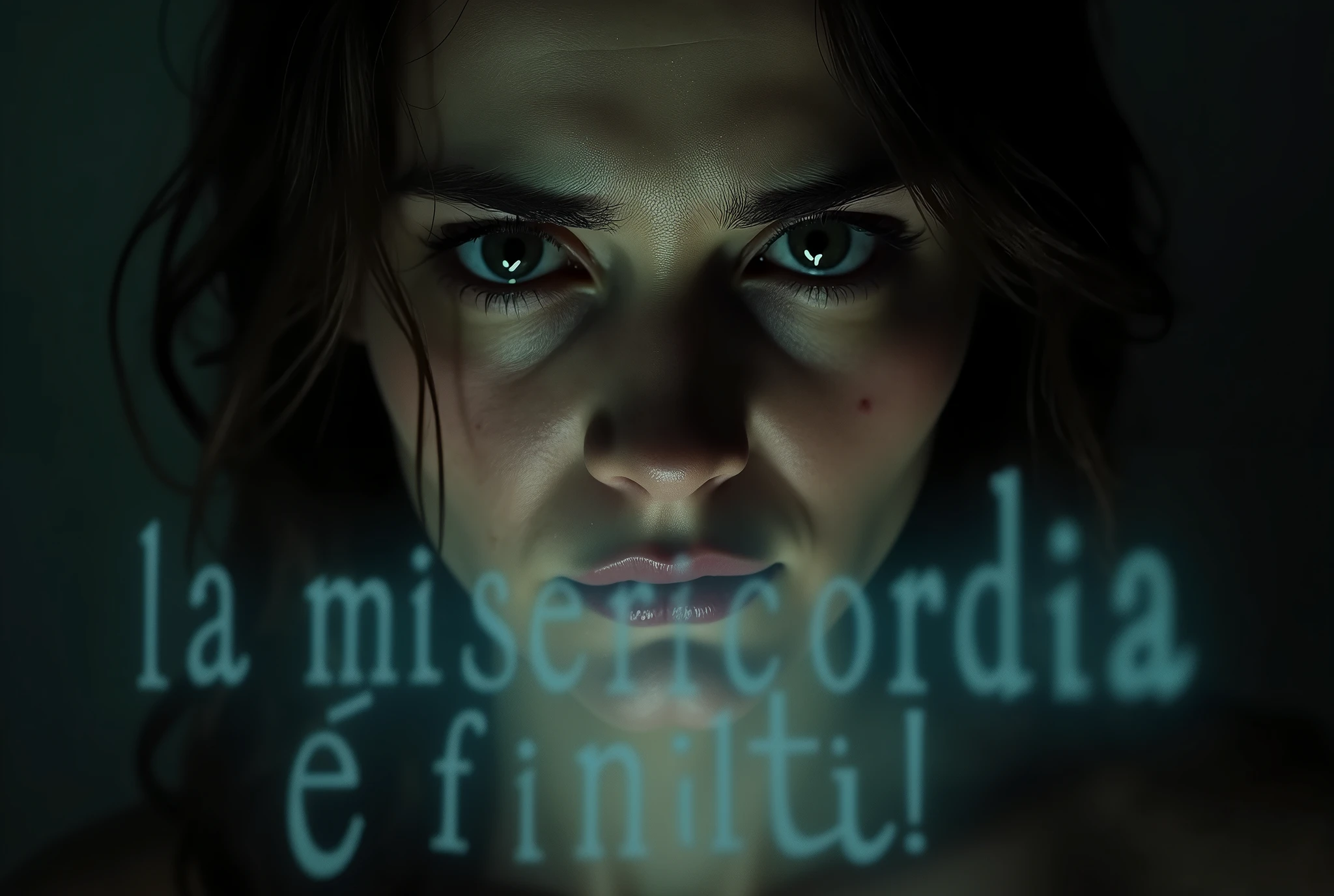 A photorealistic image captures the intense gaze of a woman whose eyes are filled with deep sadness and anger. Her eyes are dark and piercing, slightly bloodshot with the traces of recent tears still visible on her flushed cheeks. The expression on her face conveys a raw, powerful emotion, as if she is on the brink of breaking, yet holds a fierce resolve. Bright lights, backlit.
Suspended in the air between her eyes and the viewer, a translucent, almost ghostly message reads exactly: "La misericordia è finita!" The text appears as if it's floating, blurred at the edges, with the letters formed from a faint mist or dark smoke that lingers in the space. The words are readable, but not so bright, hovering just in front of her gaze, creating a surreal yet powerful effect.
The lighting is soft, casting subtle shadows that accentuate the lines of her face and the intensity of her expression. The background is dark and out of focus, drawing all attention to her face and the ominous message suspended before her. The overall tone of the image is haunting, with the ethereal text adding a layer of depth to the woman's emotion, making the scene both unsettling and deeply evocative.