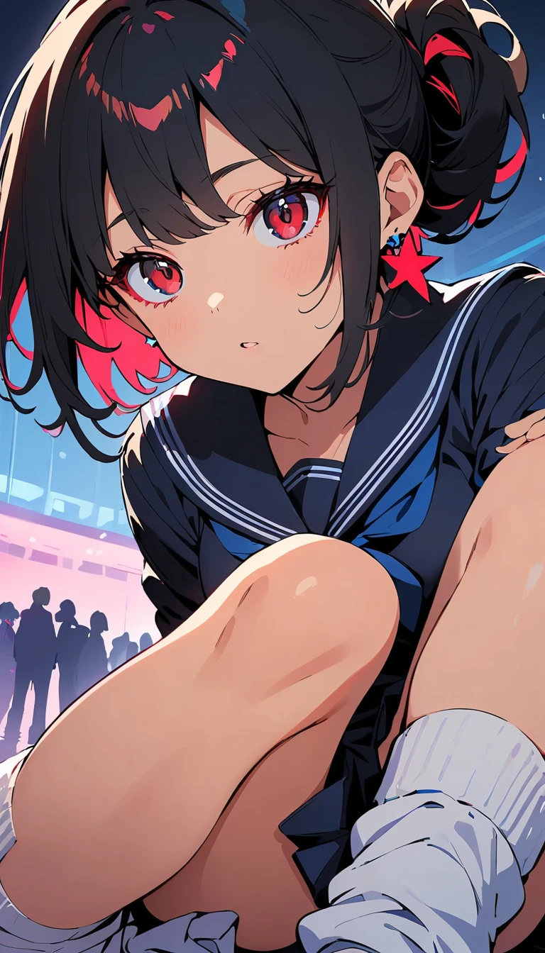 (high quality, 8k, 4K, High Contrast, masterpiece:1.2, 最high quality, Best aesthetics), (Dynamic Angle), ((1 female)),((Crouching)), ((Plain and bright background)), ((Flat Color)), Navy blue sailor suit,Navy blue pleated mini skirt,(White loose socks), Looking at the audience, (Cool look), Sleepy eyes, High Contrast, Contrasting colors, , Pale pink and blue lighting, ((Short Hair)) , (Tied Hair), Black Hair, Red eyes, Small star-shaped earrings in both ears, bright eyeshadow,low angle shot, Baseball Cap,Mature face