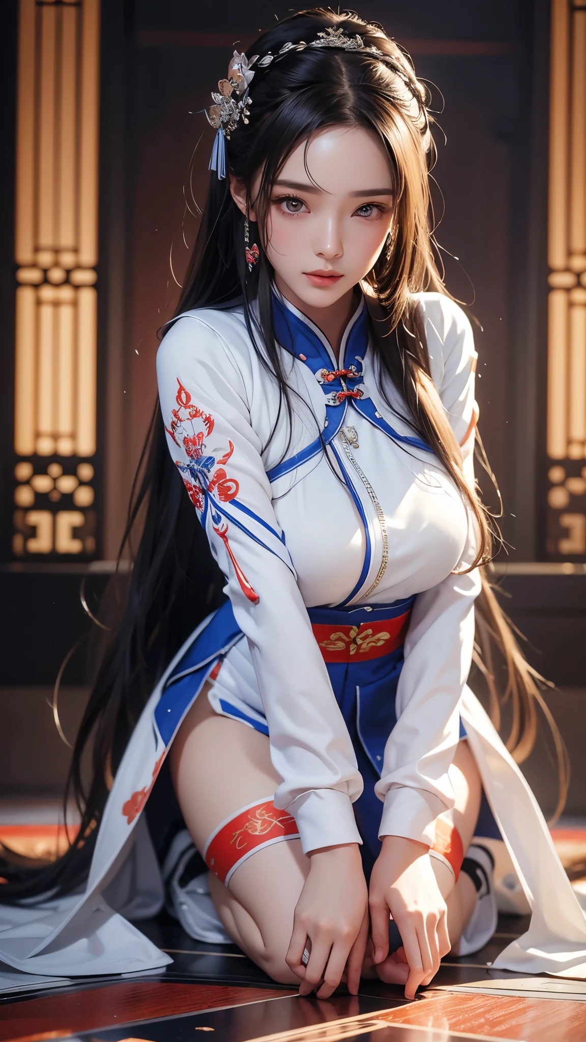 masterpiece, Highest quality, Very detailed, Facing the camera, complicatedに詳細なSuper detailed, Realistic, Sharp features, Very detailed, Sharp focus, Perfect Face, Perfect Face, Perfect symmetrical perfect eyes, Perfect Plump Lips, Flexible female form, Cinematic, Film Light, Super detailed, hyper Realistic, masterpiece, Atmospheric, High resolution, Vibrant, Cheongsam Girl,Long Hair,Pure white background,Depth of written boundary,Kneeling,Cinema Lighting,Ultra-fine,Very detailed,complicated,Cinematic Perspective,CG Art,Side zipper