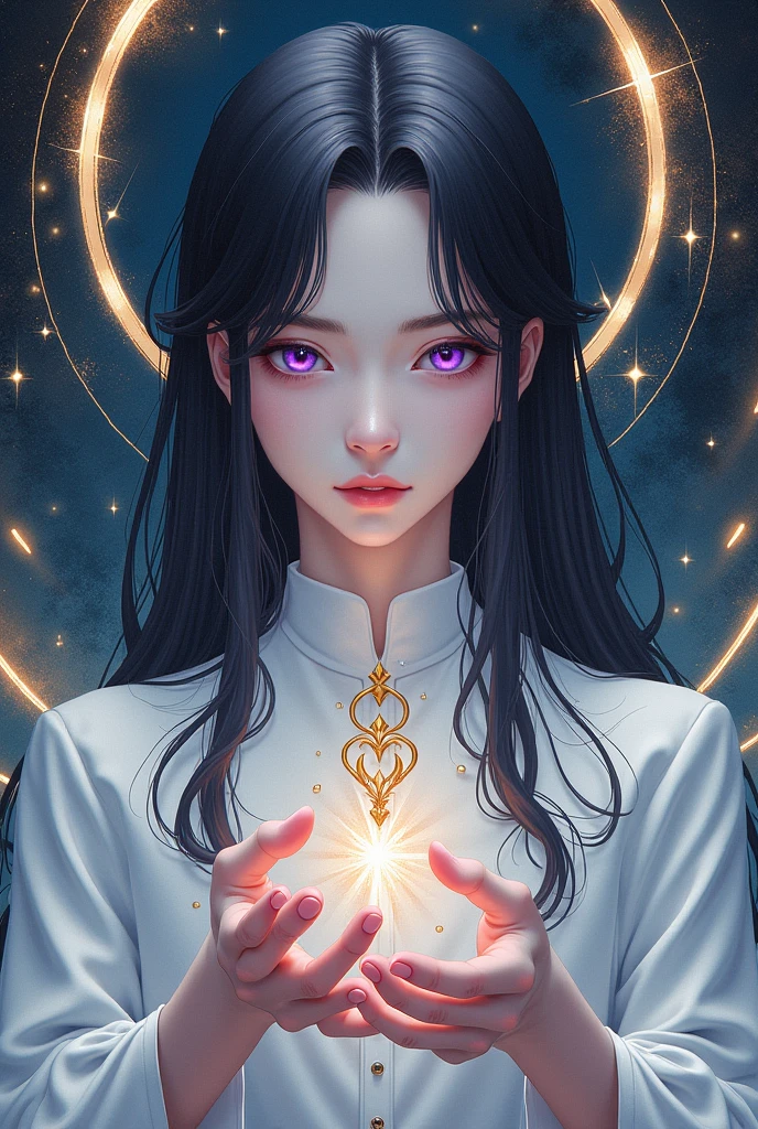 Delicate face, down shot, thick acrylic illustrationon pixiv, by Kawacy, by john singer sargent, Masterpiece, upper body, king, one boy, two hands, Purple eyes, black long hair, pale white skin, beautiful face, god light, white shirt, rich details, high quality, scum, degenerate,8k, ultra detailed, the latest pixiv illustrations, dynamicposes, dynamic angles, gorgeous light and shadow, transparency, detailed decoration, detailed lines, mysterious, fantasy, magic, shinning, fantasy