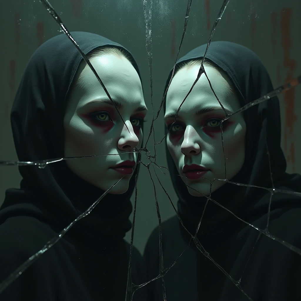 Two identical figures, but disturbingly different, are reflected in a broken mirror. Their expressions are an enigma and the background is distorted with a combination of shadows and flickering lights that evoke a feeling of unease..