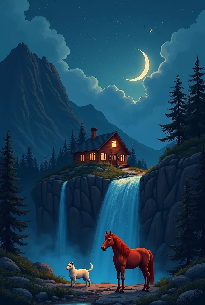 A house on a mountain and a water fall is from that house and mountain and sky is darkly covered by clouds and stars with moon is little in size , time is mid night 12 am and a  white small dog and  a red horse is outside standing near the house 