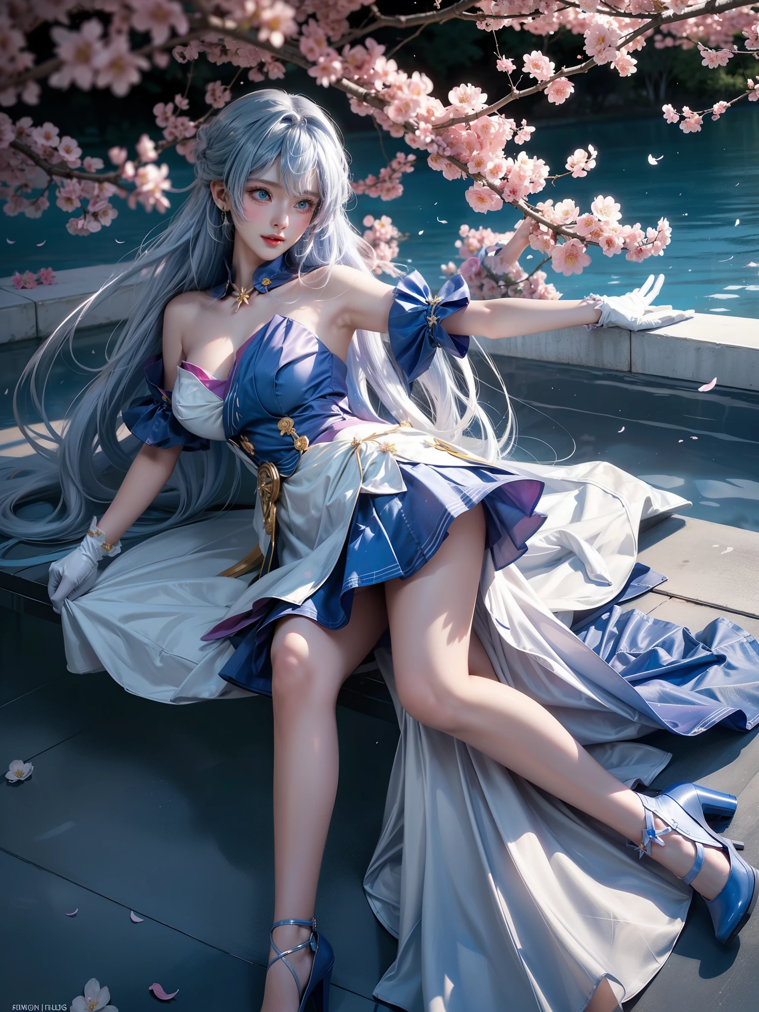 HonkaiStarRail_Robin,1girl, Blue long hair,Blue eyes,(Halation,head wings),Blue&white dress, high heels,((Girl lying in the pool))、She gently lifted her skirt with one hand,Make gentle and playful gestures,((Lots of flowers瓣)), Lots of flowers,Lots of scattered petals,Cherry tree,Petals are flying all over the sky,A beautiful and charming woman, Elegantly, Her plump breasts are on display.,Visible cleavage,Beautiful natural legs,Sexy long legs,Various slim and lovely beauties, Her long hair cascades down like a waterfall。She smiled brightly,Eyes sparkling,Her skin is flawless。Her curves are highlighted。Shine in the light,The color is pastel,She lay confidently,One hand on hip,Her posture is both graceful and strong.。She wore elegant high heels,It matches her outfit very well。In the warm golden sun。The overall mood of the picture is tranquil and uplifting,Emphasis on natural beauty and elegance, Studio Lighting,Vibrant colors, Cute girl, sweet smile, cosmetic,Shy,blush,Open your mouth,Heavy breathing,moan,超realism,realism,Movie Lighting,comfort,Sony FE GM,Retina,masterpiece,precise,Anatomically correct,Textured Skin,Super Detail,High Detail,best quality,Colorful