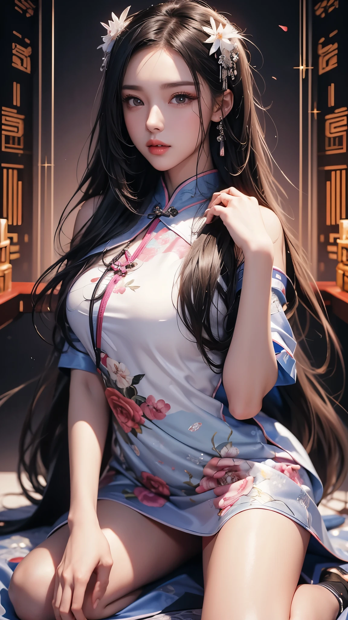 (best quality, masterpiece, extremely detailed CG, game cg:1.5), full body,1 girl,an extremely delicate and beautiful girl, extremely detailed eyes and face, beautiful detailed glow,lagaspring,qipao,medium breast, illustration, cinematic lighting, best shadow,(white background:1.3)