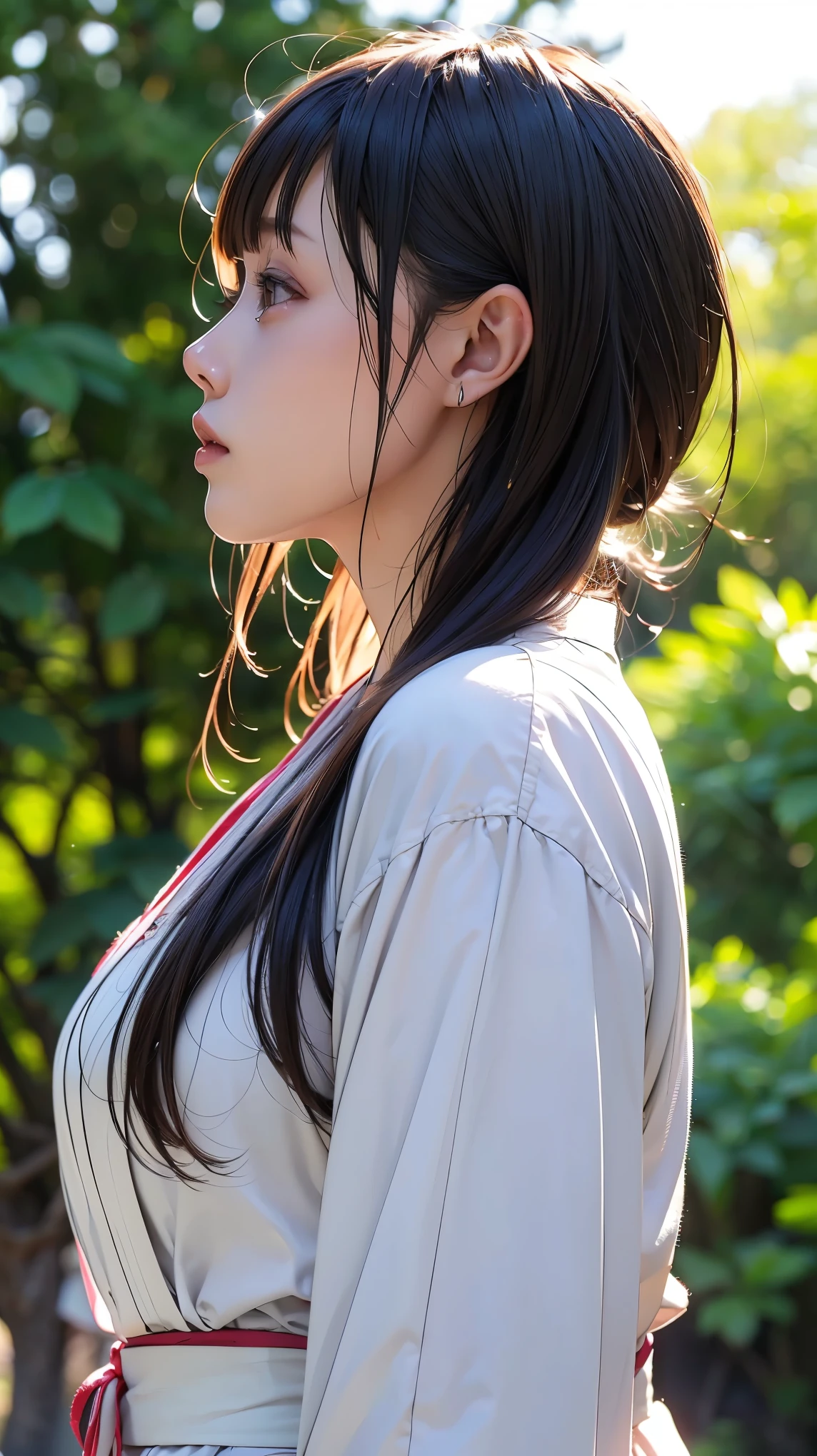 Realistic, masterpiece, Highest quality, Highest Resolution, High Detail, Soft Light, Professional Lighting, Backlight, Film Grain, The background is blurred, (Japanese high school girl, Height: 162cm, Small Tits), (The subject is a photograph of the upper body taken from below, profile:1.3), Walking, (I'm sweating a little, Hair is also wet with sweat), Laughing happily, Open your mouth, Droopy eyes, Dark Eyes, Draw eyelashes carefully, Eyelash extensions, Gal Makeup, Orange Cheek, (White brown braids,Short Hair, middle part:1.3), (Hidden eyelid wrinkles:1.3), (Cool clothing:1.3), (Summer forest, Under the sun through the trees:1.3)