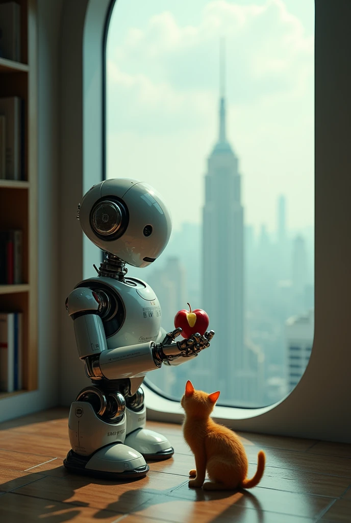 2079,A robot holding a bitten apple,Thoughtful,A small orange cat squatted quietly at my feet,Outside the window is a vast space immigrant city,Surrealism,Long shot,Low angle shot,Upward Shot,Strong sense of art,Movie Lighting,Delicate matte、Dark、Fantasy、Intricate details、Startup Screen、Complementary colors、Fantasy概念艺术、8k resolution is popular on Artstation Unreal Engine 5,Complex 3D rendering,150mm lens,