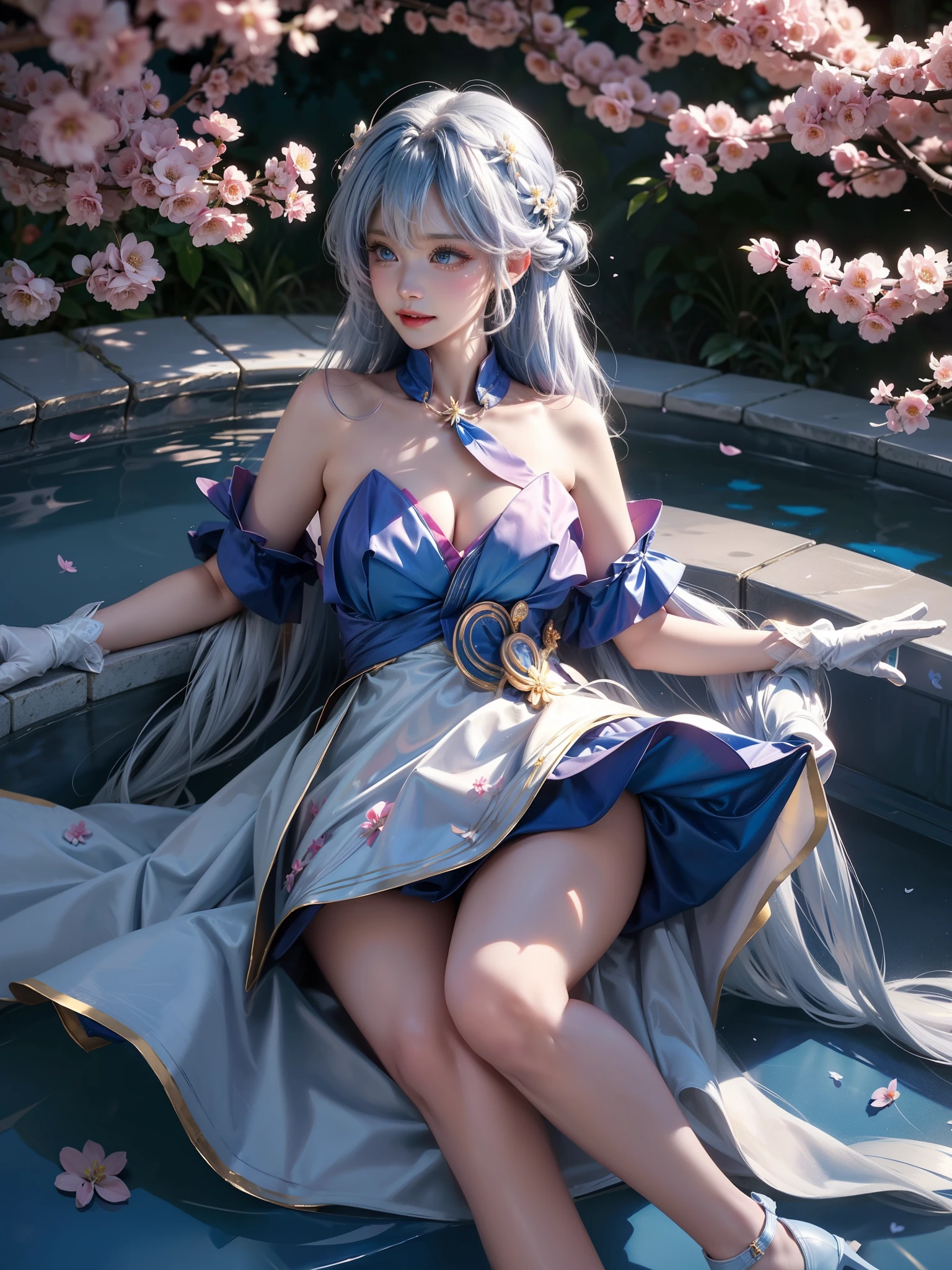 HonkaiStarRail_Robin,1girl, Blue long hair,Blue eyes,(Halation,head wings),Blue&white dress, high heels,((Girl lying in the pool))、She gently lifted her skirt with one hand,Make gentle and playful gestures,((Lots of flowers瓣)), Lots of flowers,Lots of scattered petals,Cherry tree,Petals are flying all over the sky,A beautiful and charming woman, Elegantly, Her plump breasts are on display.,Visible cleavage,Beautiful natural legs,Sexy long legs,Various slim and lovely beauties, Her long hair cascades down like a waterfall。She smiled brightly,Eyes sparkling,Her skin is flawless。Her curves are highlighted。Shine in the light,The color is pastel,She lay confidently,One hand on hip,Her posture is both graceful and strong.。She wore elegant high heels,It matches her outfit very well。In the warm golden sun。The overall mood of the picture is tranquil and uplifting,Emphasis on natural beauty and elegance, Studio Lighting,Vibrant colors, Cute girl, sweet smile, cosmetic,Shy,blush,Open your mouth,Heavy breathing,moan,超realism,realism,Movie Lighting,comfort,Sony FE GM,Retina,masterpiece,precise,Anatomically correct,Textured Skin,Super Detail,High Detail,best quality,Colorful