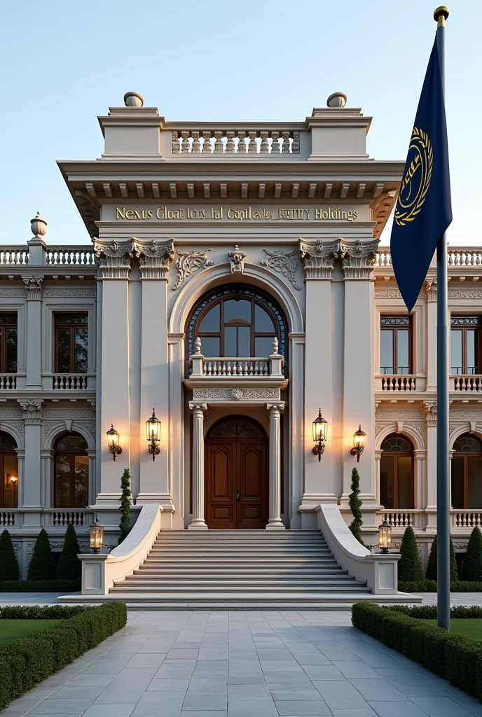 The image features a sprawling and majestic building that blends the grandeur of French and Italian architecture, designed on a large scale, covering an expansive area in terms of square footage. The structure is both imposing and elegant, with a symmetrical layout and an intricate design that showcases the best of European architectural traditions.

The building's façade is crafted from light, cream-colored limestone, accented by darker stone details around windows and doors. The front of the building is dominated by a grand central entrance, featuring a wide, sweeping staircase that leads up to a pair of massive, intricately carved wooden doors. Above the entrance, there is a large, arched window flanked by classical columns, lending a sense of formality and grandeur.

At the top of the building, prominently displayed in large, bold, dark bronze letters, is the name "NEXUS GLOBAL CAPITAL AND EQUITY HOLDINGS." The sign is backlit with a warm, soft glow that enhances its visibility without overpowering the architectural Change design 

The roof is adorned with ornate, wrought-iron railings along the edges, and the corners of the building feature elegant stone turrets with small, decorative balconies. Large, arched windows run along the length of the façade, allowing natural light to flood the interior while maintaining the classical aesthetic.

Flag Description:

To the right of the central entrance, a tall flagpole is positioned in a prominent yet tasteful location near a beautifully landscaped courtyard. The flag of Nexus Global Capital and Equity Holdings waves proudly atop it, maintaining the same design: a deep navy blue background with a golden emblem at the center. The emblem, a globe encircled by olive branches with the letters "NGCEH" inscribed at the bottom, is elegant and symbolic of the company’s global presence. The flag is of normal size, complementing the grand scale of the building without overpowering the visual balance.

Environment Description:

T