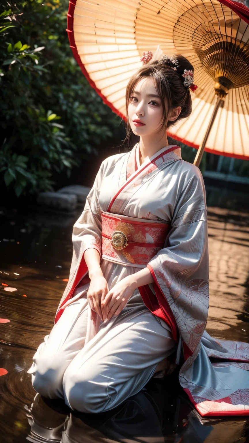 In a futuristic scene, Geisha in Japan with mechanical reinforcement、Elegant in elaborate gardens. She has beautifully detailed eyes and lips that complement her face. Geishas wear traditional kimonos with intricate patterns and designs. Around her are bright cherry trees and a quiet carp pond. The scene is painted with a blend of illustration and photorealism, Ultra-detailed brush strokes and clarity, Vivid colors. Lighting emphasizes the elegant features of the geisha, Gives her porcelain skin a soft glow. Artwork is of the highest quality, 4K or 8K resolution, Showcase the intricate details of geisha attire, cherry trees, And the shimmering scales of carp. The overall color scheme is、It is a combination of traditional shades of Japan, Crimson, etc., blacks, and subtle gold accents, With a futuristic twist. The fusion of ancient traditions and modern technology is、Create captivating and visually striking masterpieces.