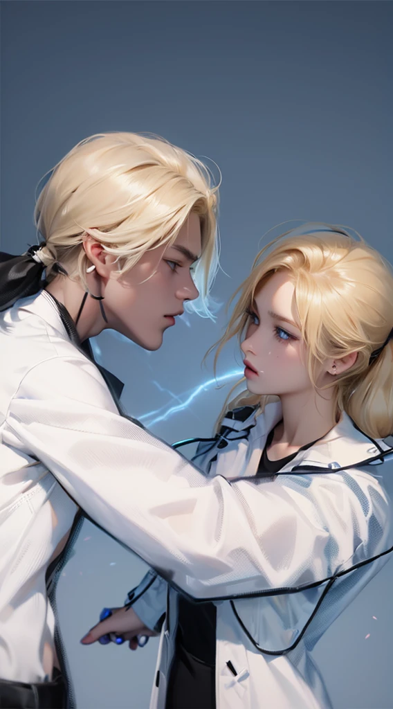 Upper Body，（一个帅气的blond欧美男子壁咚一个20岁的欧美女模特），blond，Ponytail，A boy，A girl，Boys wearing white shirts，Black suit pants，Girl wearing white coat，Black dress，（Blue Eyes：1.2），muscular，Caucasian ethnicity，Atmosphere，High Detail，Standing，The background is the laboratory