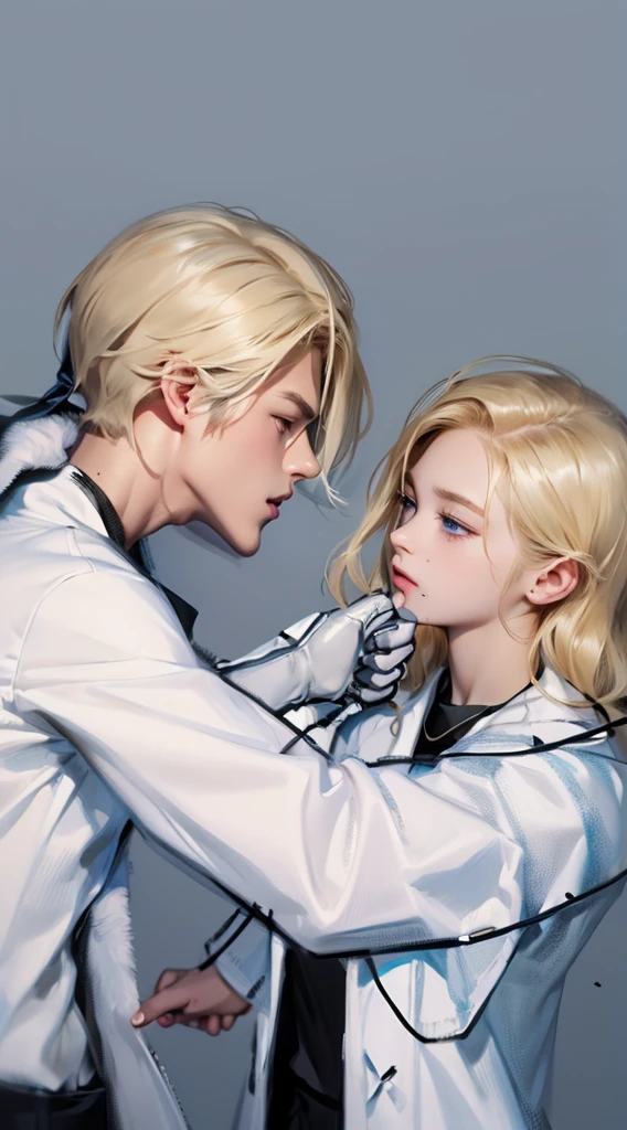 Upper Body,(一个帅气的blond欧美男子壁咚一个20岁的欧美女模特),blond,Ponytail,A boy,A girl,Boys wearing white shirts,Black suit pants,Girl wearing white coat,Black dress,(Blue Eyes:1.2),muscular,Caucasian ethnicity,Atmosphere,High Detail,Standing,The background is the laboratory