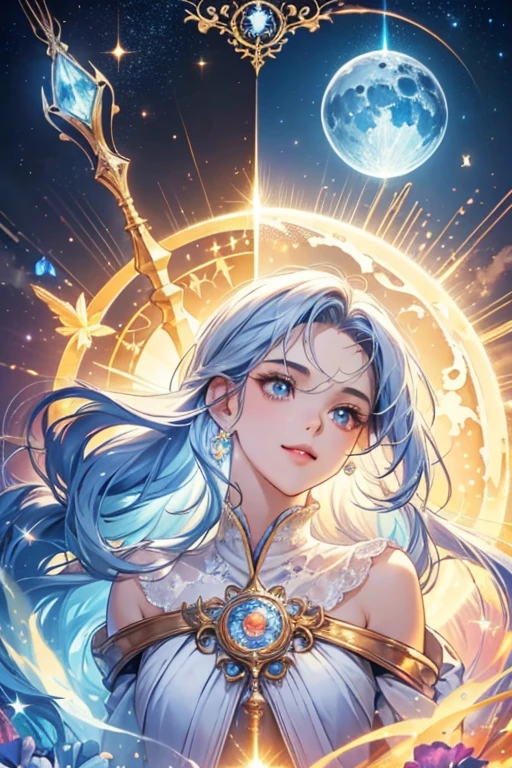 A light battle ship surround by the magician circle with inside the orb has a diamond, many shining butterfly, beautiful smile, sparkle sky, shining, gust of wind, light bright flowers, sun and moon, dark light of fantastic and cosmological with universal. Amazing view very bright and warm starry. Detail, HD, Enchanted. Dynamic, Gorgeous, Multiple colours. Beautiful perfect face and anatomy. Amazing bright clothes. Very epic and bright, best pose. A god. Golden shining accessories. Handsome. Sky half bright, half starry dark. Diamond on the crown, split up sky into day and night. A man