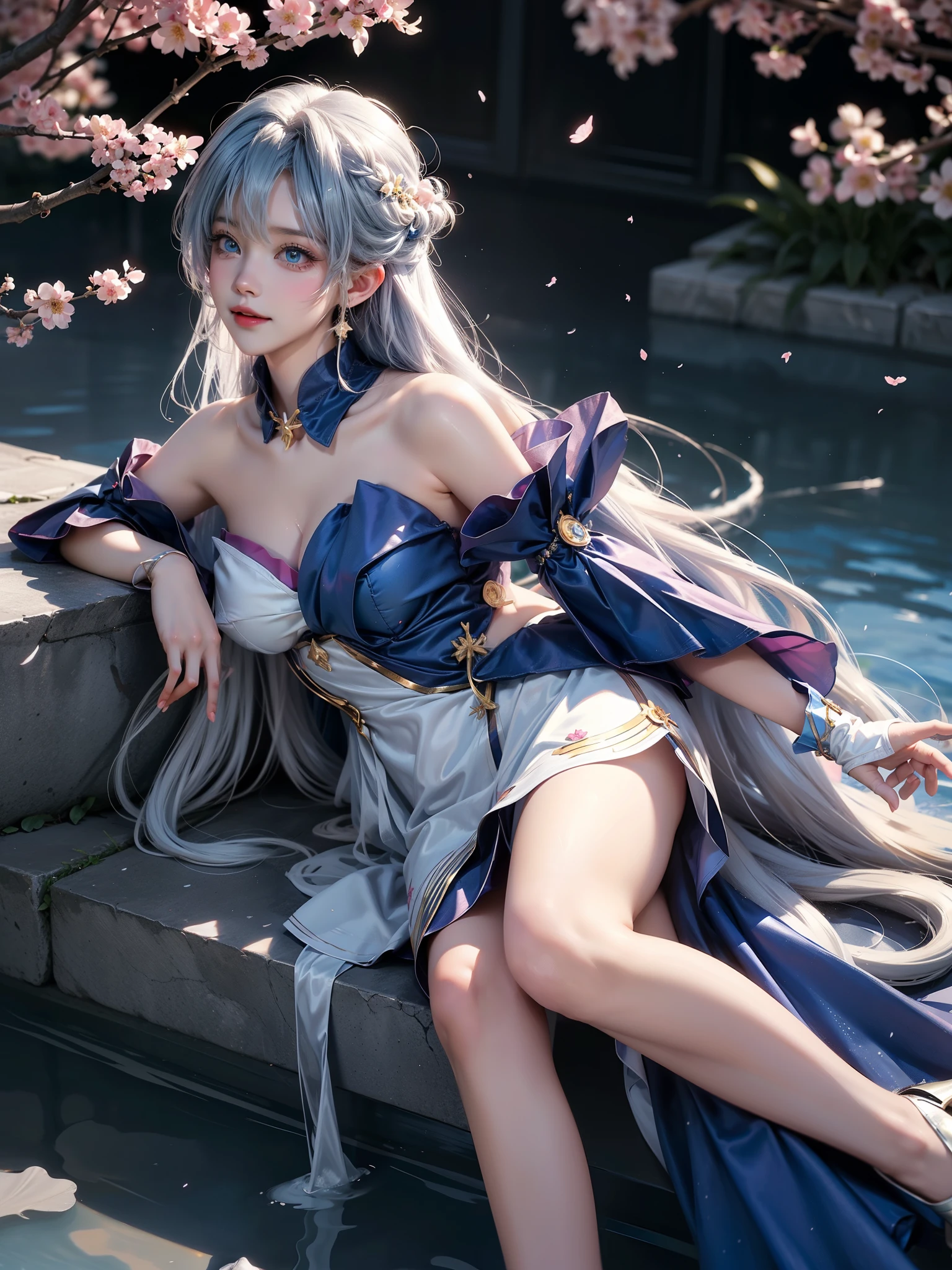 HonkaiStarRail_Robin,1girl, Blue long hair,Blue eyes,(Halation,head wings),Blue&white dress, high heels,（(Girl lying in the pool))、She gently lifted her skirt with one hand，Make gentle and playful gestures，((Lots of flowers瓣)), Lots of flowers，Lots of scattered petals，Cherry tree，Petals are flying all over the sky，A beautiful and charming woman, Elegantly, Her plump breasts are on display.，Visible cleavage，Beautiful natural legs，Sexy long legs，Various slim and lovely beauties, Her long hair cascades down like a waterfall。She smiled brightly，Eyes sparkling，Her skin is flawless。Her curves are highlighted。Shine in the light，The color is pastel，She lay confidently，One hand on hip，Her posture is both graceful and strong.。She wore elegant high heels，It matches her outfit very well。In the warm golden sun。The overall mood of the picture is tranquil and uplifting，Emphasis on natural beauty and elegance, Studio Lighting,Vibrant colors, Cute girl, sweet smile, cosmetic，Shy，blush，Open your mouth，Heavy breathing，moan，超realism，realism，Movie Lighting，comfort，Sony FE GM，Retina，masterpiece，precise，Anatomically correct，Textured Skin，Super Detail，High Detail，best quality，Colorful