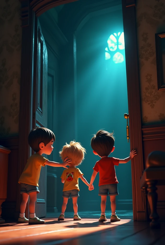 Generate a high quality realistic seen in cinematic 3d cartoon style . : Suddenly, as they reach for the treasure, a powerful wind blows through the mansion, slamming the door shut behind them. The room plunges into darkness, with only the faint outline of the treasure chest visible. The kids' expressions change to fear as they realize something is wrong.