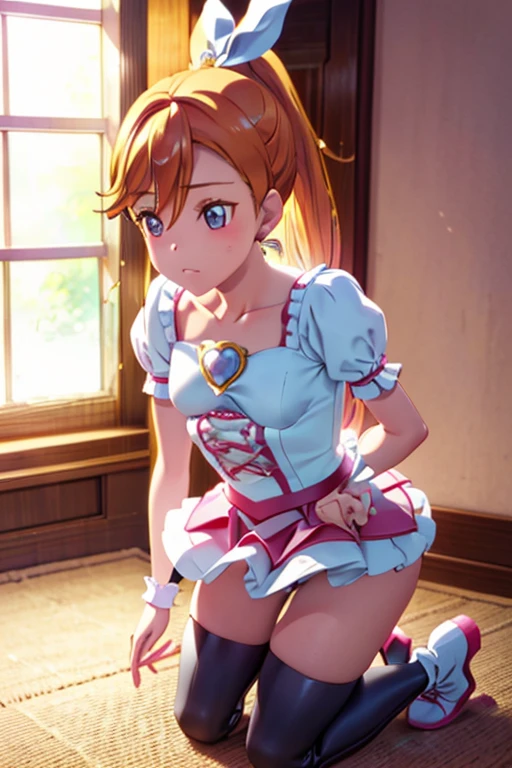 Cure Rhythm、Pretty Cure、Blonde、Long Hair、c cup breasts、Photo from below、(Inside the Jail)、One girl、((Black Panties))、(boots)、ponytail、Kneeling、(White thigh-high socks)、