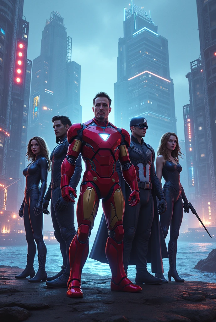 All marvel avenger character in cyberpunk near the sea