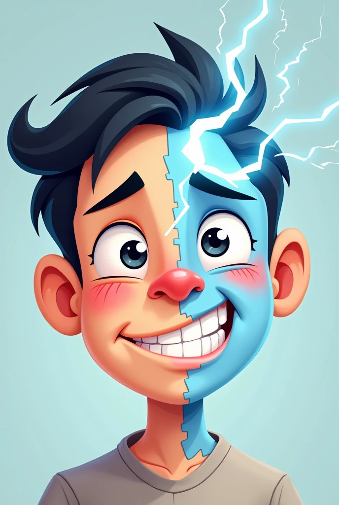 make a half half face the other half is happy and normal face and the other half face is not happy it look tired or kinda sad and the face is electrocuted make the picture more look like cartoon but easy cartoon only make the cartoon not so realistic
