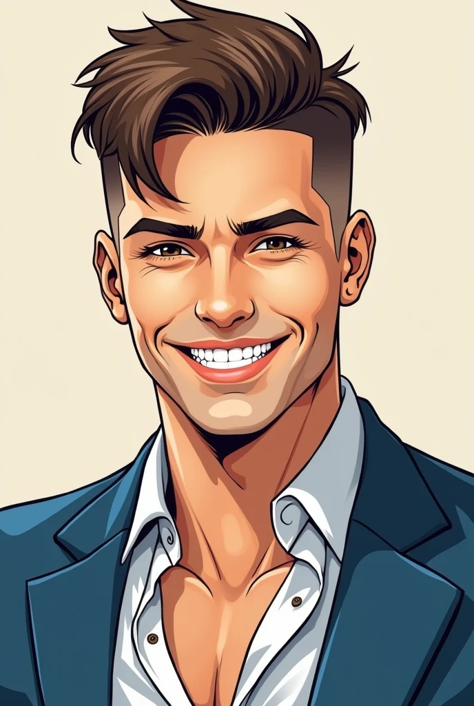 Style manga, homme 38 ans blanc chic, short hair shaved on the sides. Brown eyes, Brown hair. Vitiligo on the face, il sourit et ses yeux pétillent. Dressed in a slightly open shirt and a blue jacket