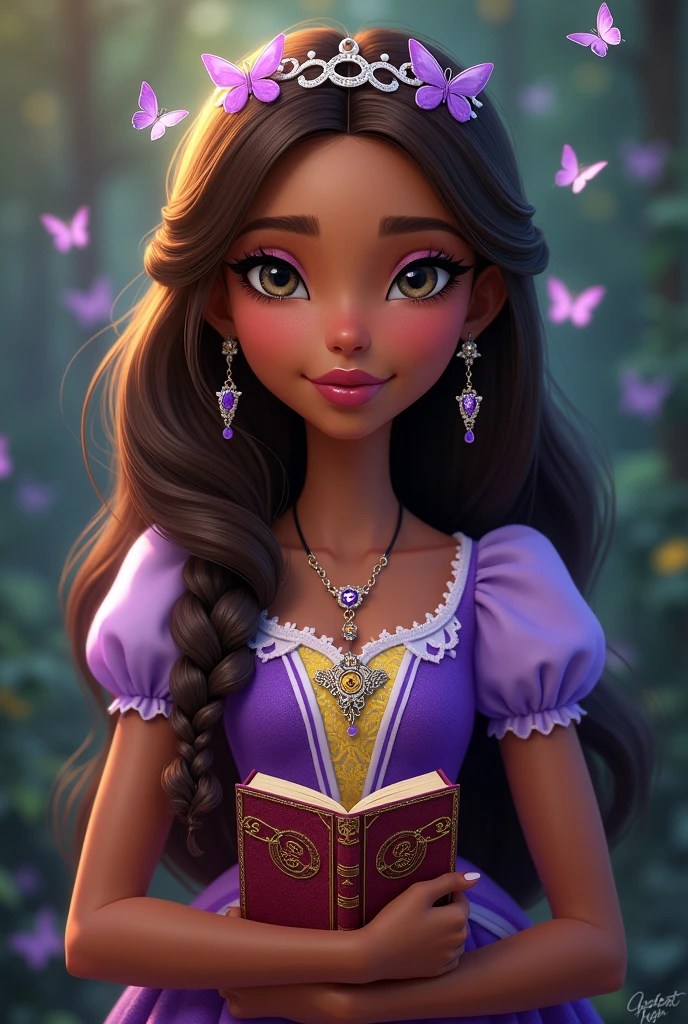 Imagem da filha da Cerise Hood e da Cedar Wood de Ever After High: Must have straight, wavy brown hair with braids, with white streaks on top of the head, very dark brown skin, gray eyes, purple dress with white on top and yellow with purple on the bottom, wolf pendant, wolf earrings, butterfly tiara, elements of butterflies on clothes and holding a book of fairy tales