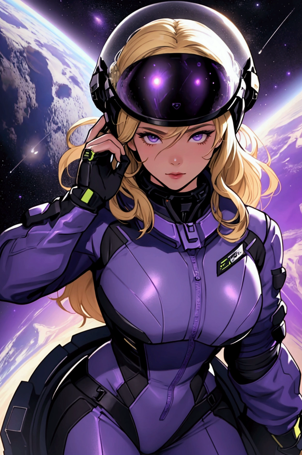 sp4c3w0m3n woman with blond hair, wearing a purple and black space suit and purple helmet pinup pose, on spacenave.