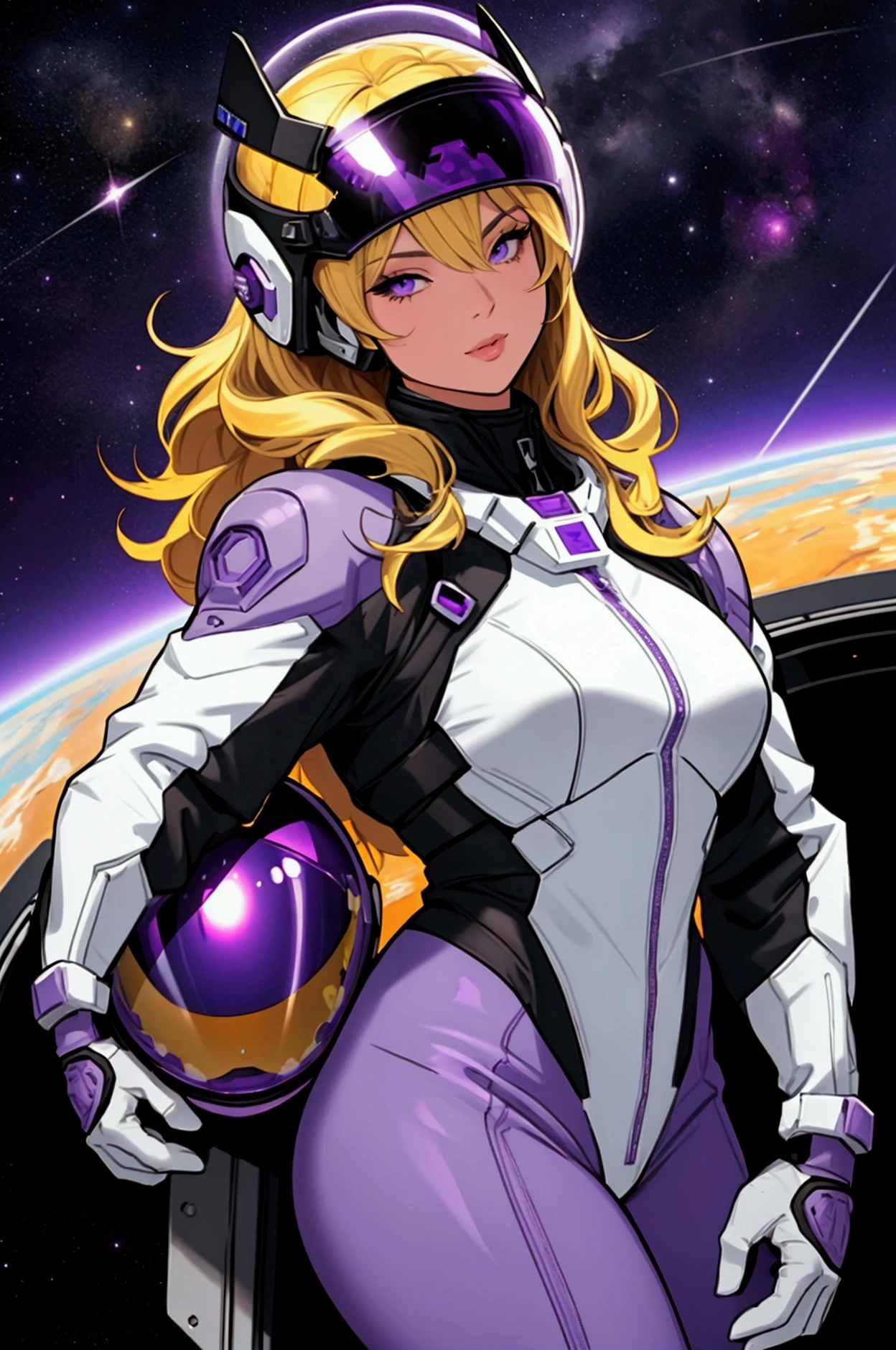 sp4c3w0m3n woman with blond hair, wearing a purple and black space suit and purple helmet pinup pose, on spacenave.